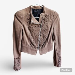 Brown Suede Jacket with Perforated Design